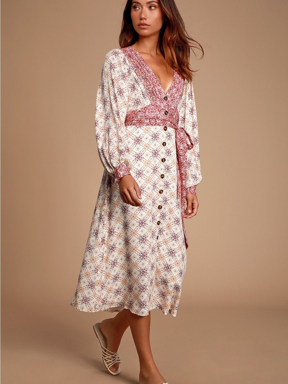 Lulus Prairie Tale Ivory Multi Print Balloon Sleeve Midi Rayon Dress Sz XS EUC